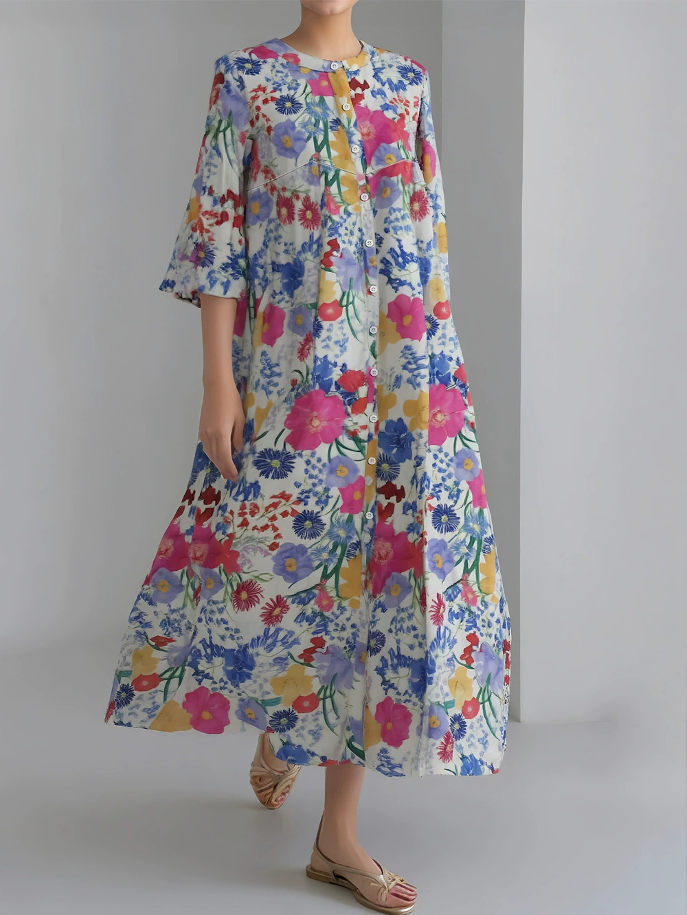Zara Summer Casual Daily Floral Print Round Neck Short Sleeve Cardigan Dress